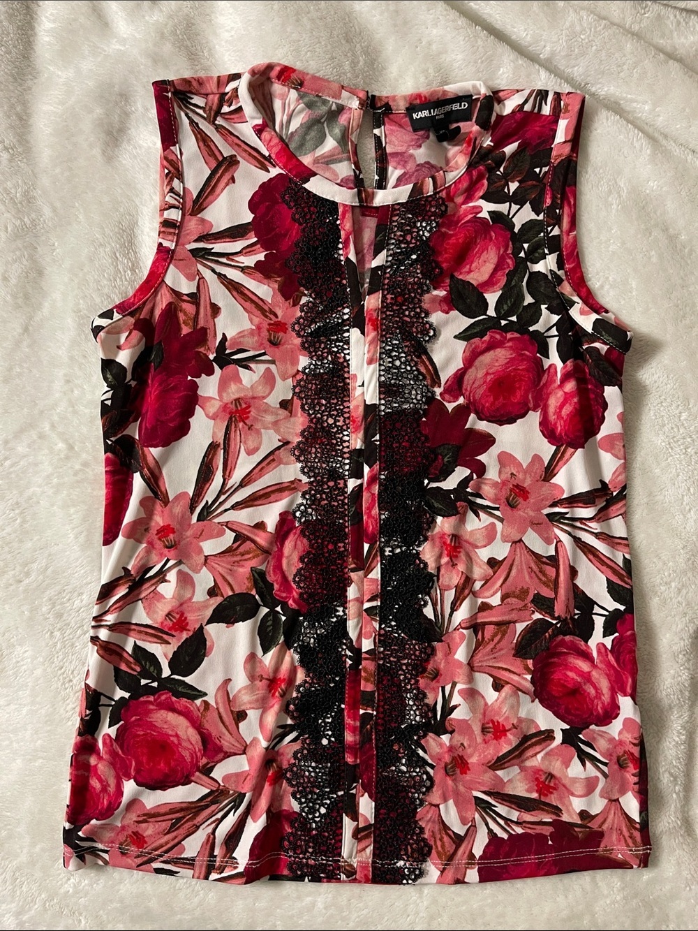 Karl Lagerfeld Floral Lace-Trim Sleeveless Top in Red and Pink